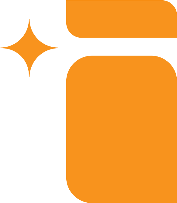 Oranž värviga stiliseeritud kujutis, mis sisaldab säravat elementi ja ümarat ning ristkülikukujulist vormi.