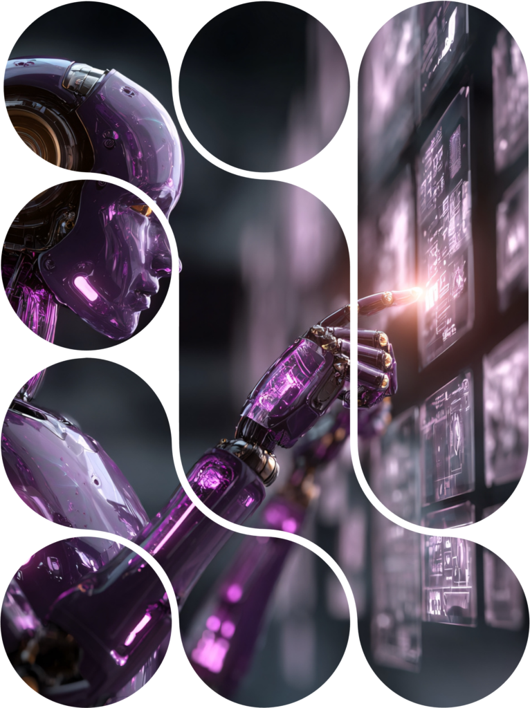 Roosa robot, millel on läbipaistev keha, osutab ekraanile, kus on nähtavad tehnilised joonised ja andmed.